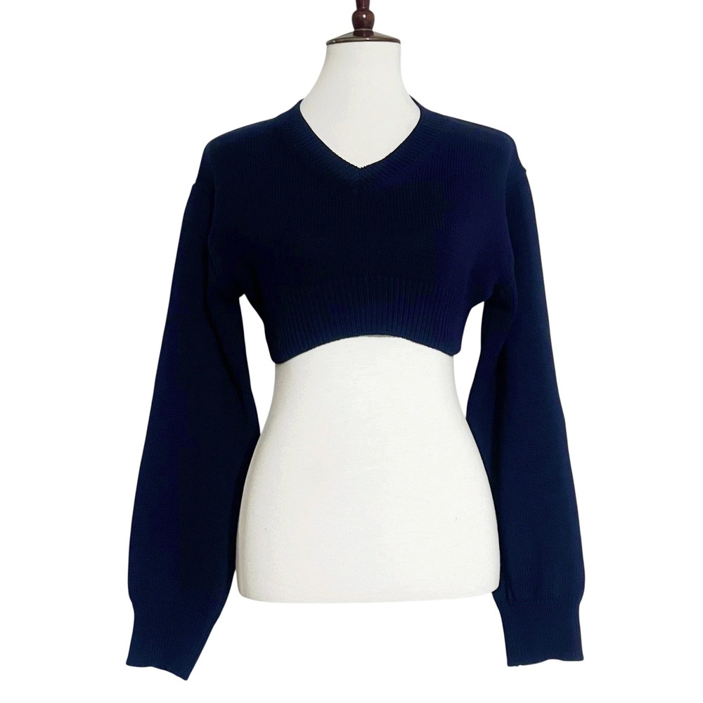 The Frankie Shop Navy Blue V Neck Knit Cropped Top Sweater Long Sleeve Size S